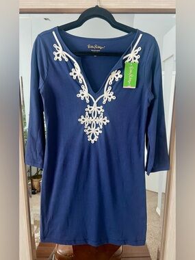 Lilly Pulitzer Navy Pima Cotton Knit Marina Dress Women Size Small White Trim